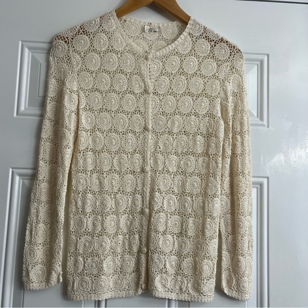 Vintage Ivory Boho Style Crocheted Silk Lace Cardigan Sweater Size Small